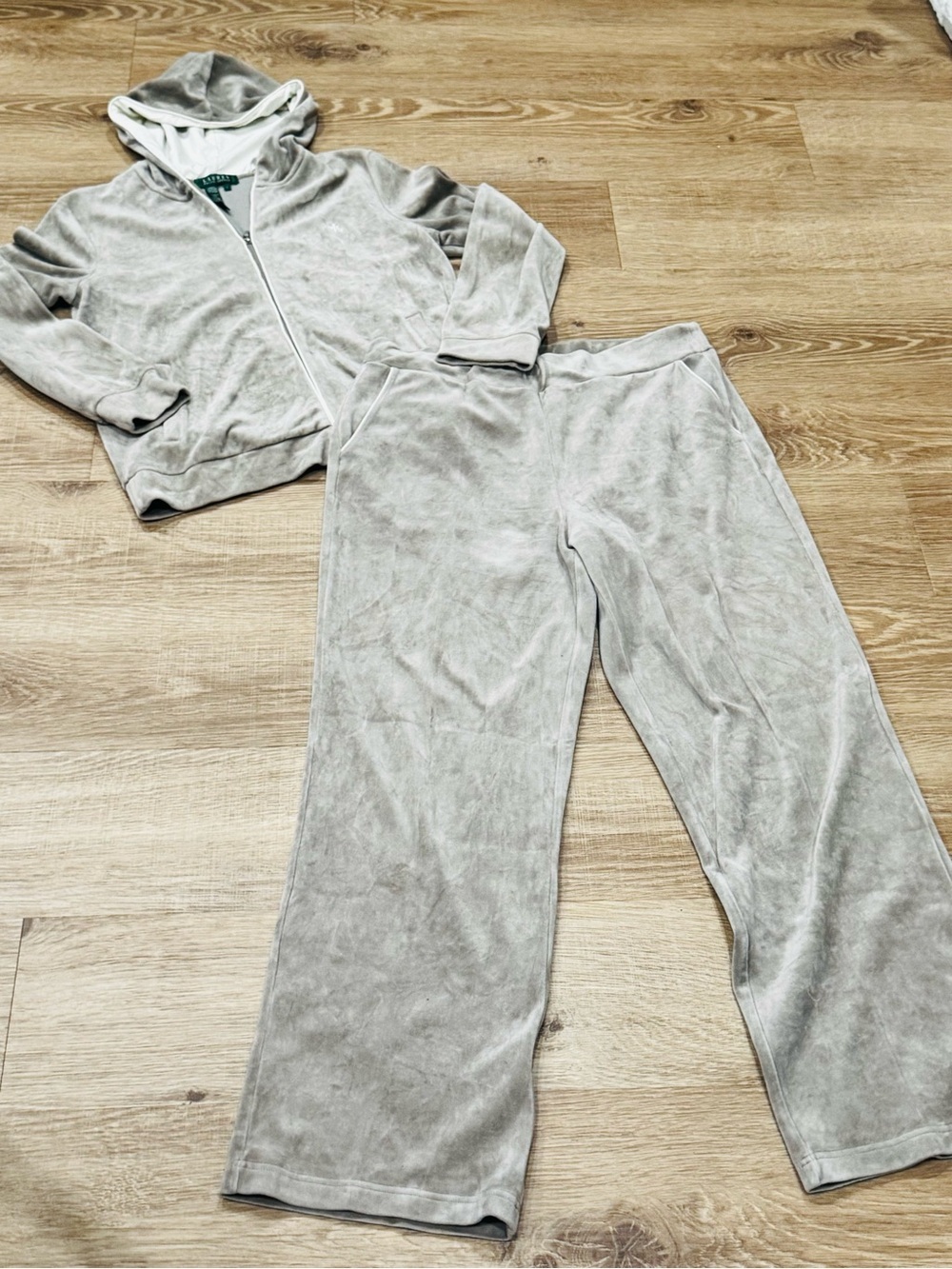 Lauren Ralph Lauren Velour Hoodie & Lounge Pants Set Taupe Size Large